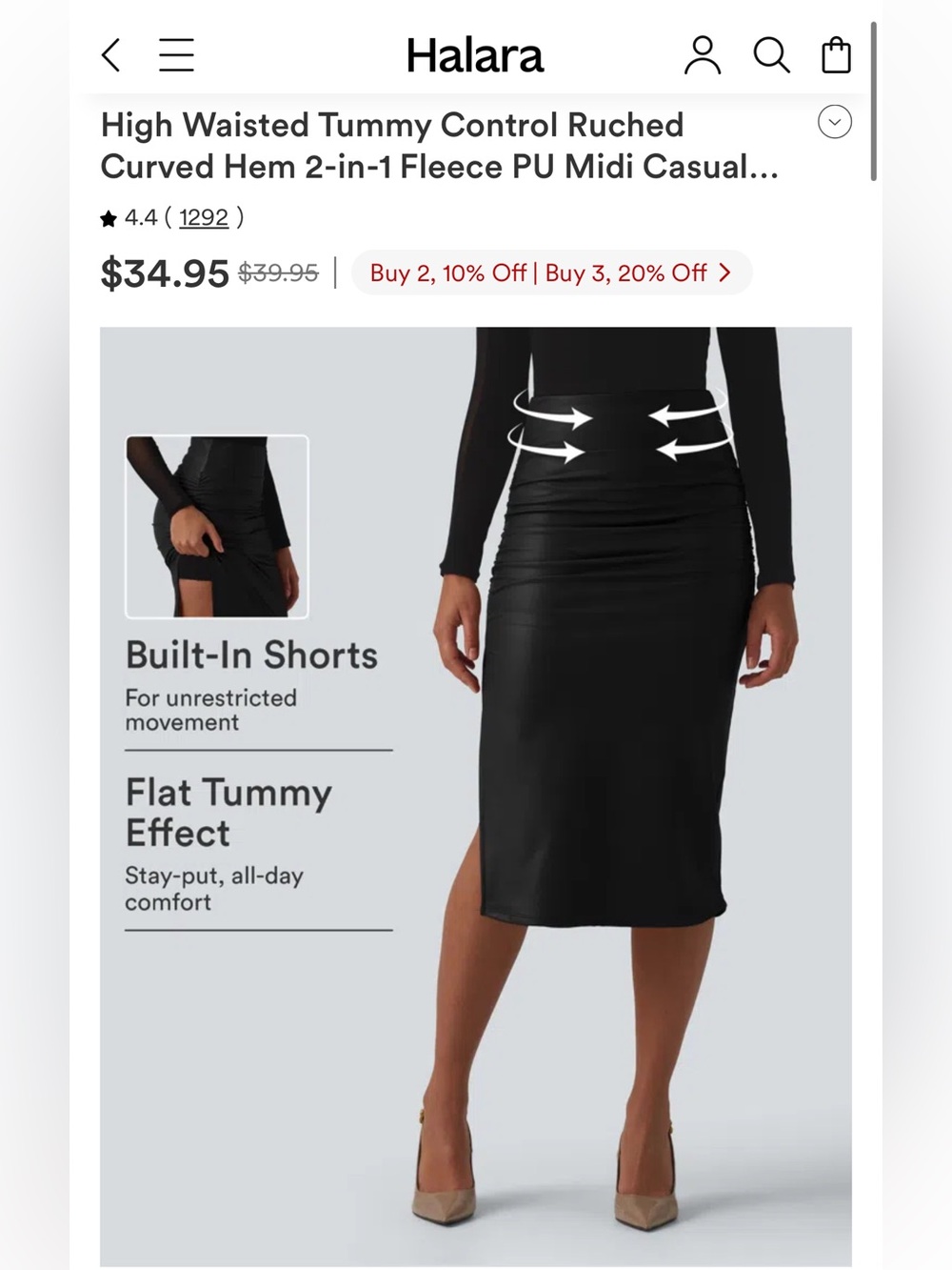 HALARA Black Midi Skirt with Built-In Shorts - Picture 2 of 6